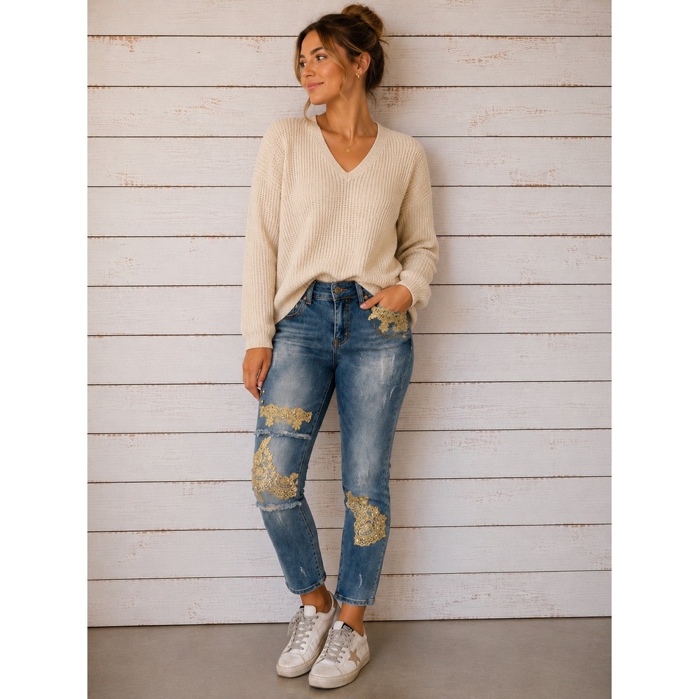OLYSS New York Embellished Skinny Jeans Womens 2 Blue Gold Lace Pearl Distressed
